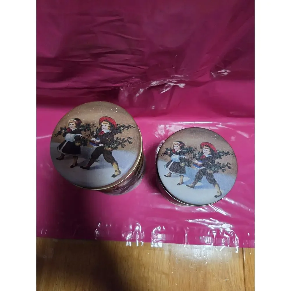 Vtg Set Of 2 Victorian Themed Nesting Tin Containers 5